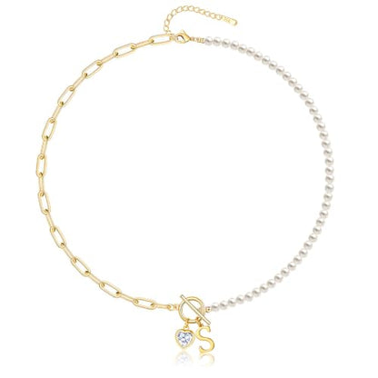 Initial Pearl Necklace for Women, 14K Gold Plated Paperclip Chain | Toggle Clasp, Heart CZ Initial Necklace,Gold Necklace for Women,Bridesmaid Wedding Gifts Jewelry - color: Gold-S