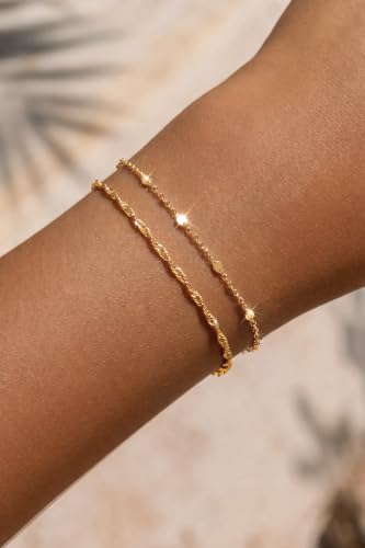 Moodear Gold Bracelets for Women, 2PCS Dainty 14K Gold Plated Link Chain | Waterproof Non Tarnish Jewelry, Adjustable Gold Plated Link & Bead Chain, Perfect for Daily Wear, Vacation Outfits & Gifts - color: gold-2