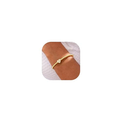 Beaded Bracelets for Women Dainty Beaded Heart Initial Bracelets Letter A-Z Charm Stretch Bead Ball Bracelet Trendy Jewelry Gifts - style: Gold-D