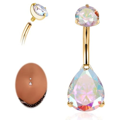 AROWRO Gold Belly Button Ring G23 Titanium Hypoallergenic 14G belly ring for Women Men Teardrop Navel Piercing Jewelry 10mm Barbell With Cubic Zircon - color: Gold+Teardrop AB CZ