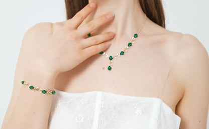 Jewelry Set for Women Bride Bridesmaid Wedding Party Prom Necklace Earrings Bracelet Set Gift for Mother Wife Friend - color: Gold-Green