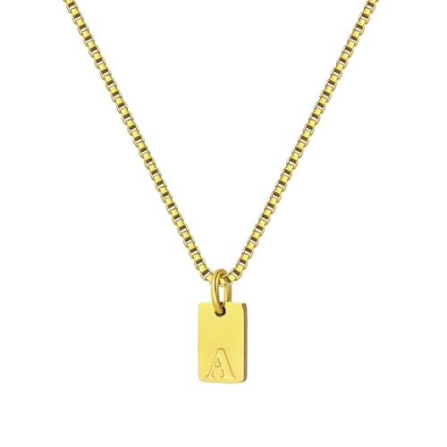 Gold Plated Square Initial Necklace Waterproof A-Z Letter Pendant on Thin Chain - Dainty, Stackable Jewelry for Women - color: Golden-A, size: F