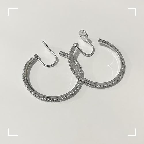 Gold Clip On Hoop Earrings for Women Large Rhinestone Statement Hoops Non Pierced Earrings Wedding Bridesmaid Party Jewelry - color: A2:silver earrings（4cm）