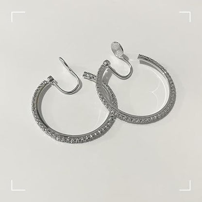 Gold Clip On Hoop Earrings for Women Large Rhinestone Statement Hoops Non Pierced Earrings Wedding Bridesmaid Party Jewelry - color: A2:silver earrings（4cm）