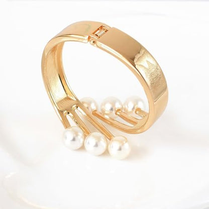 Dainty Pearl Cuff Bracelet for Women Elegant Layered Cuff Bracelet Statement Chunky Gold Bracelets Multi-layer Open Bangle Geometric Winged Bracelets Everyday Party Jewelry - color: Gold