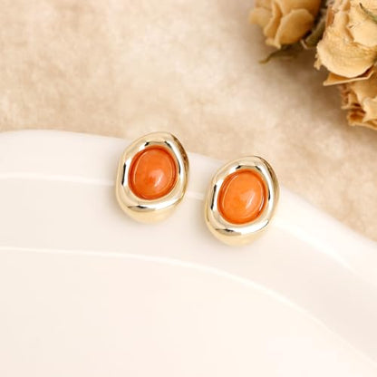 Jean Beau Chunky Gold Stone Stud Earrings for Women, Trendy Natural Gemstone Hypoallergenic Earing Valentine Jewelry Gift - color: Tangerine