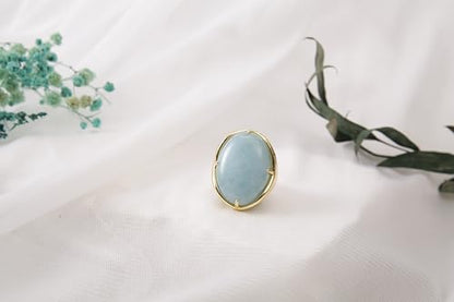 Natural Stone Adjustable Finger Rings Semi Precious Oval Shaped Gemstone Jewelry For Women Anniversary Birthday Wedding Gift - color: Blue Aquamarine