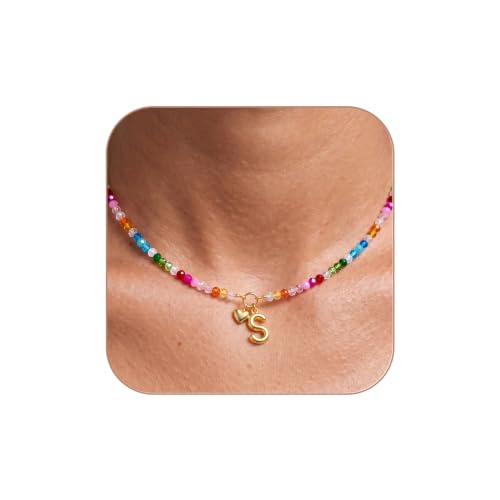 Initial Necklace for Women Colorful Beaded Necklaces Initial Heart Bubble Letter Necklace Summer Necklace Jewelry Gift - color: S
