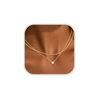 Layered Gold Necklace Set for Women Dainty Waterproof Cute Choker | 14K Gold Plated Minimalist Non Tarnish Lightweight CZ Pendant Pearl Twist Paperclip Chain Jewelry Gifts - style: 2PCS-Twisted rope zircon-GD