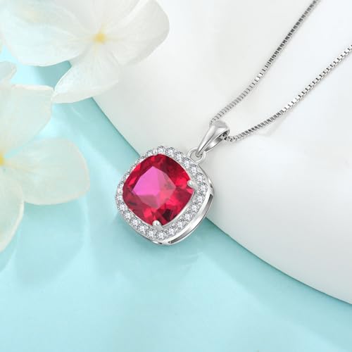 Birthstone Necklace for Women 925 Sterling Silver Princess Cut Halo Necklace Pendant Jewelry for Mom Wife - color: Red