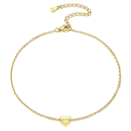 ChicSilver Personalized 925 Sterling Silver Tiny Heart/Moon/Star/Sun/Dot/Triangle Anklets Simple Dainty Foot Jewelry for Women, Silver/Gold Plated/Rose Gold Plated - style: Gold Heart Custom