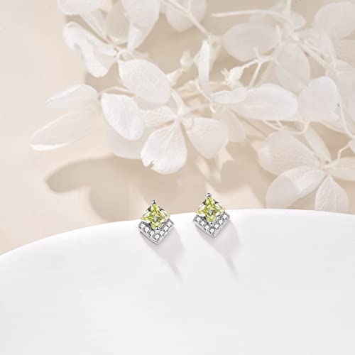 Birthstone Stud Earrings Sterling Silver Square Created Crystal Earrings Cubic Zirconia Hypoallergenic Piercing Jewelry Small Gifts for Women Mothers - color: Aug-Peridot
