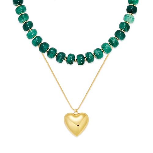 YUJIE Chunky Heart Pendant Necklace for Women- Exaggerated Statement Puff Heart Necklace with Acrylic Beaded Chain - color: B-GREEN