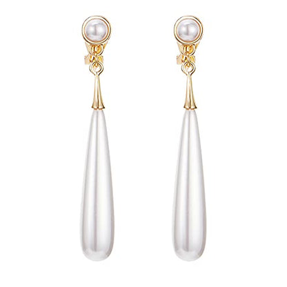 Pearl Clip on Earrings for Women Drop Clip Earrings for Women Gold Plated White Imitation Pearl Earrings Fashion - color: Long Pearl