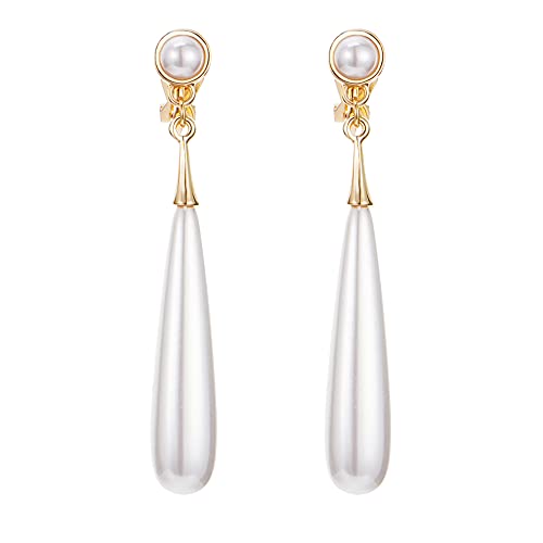 Pearl Clip on Earrings for Women Drop Clip Earrings for Women Gold Plated White Imitation Pearl Earrings Fashion - color: Long Pearl