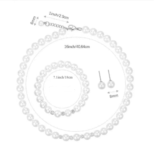 White 8mm Glass Pearls Necklace Bracelet Earring Jewelry 3 Set Wholesale for Women Little Girls - style: 16inch