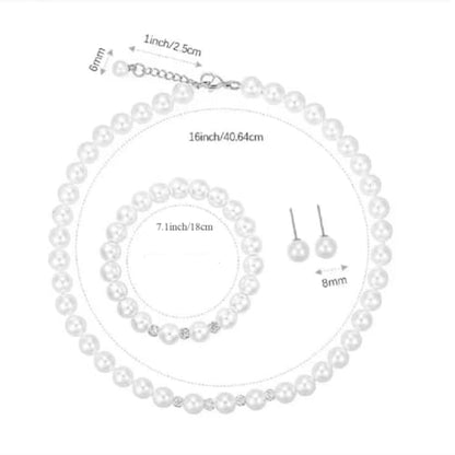 White 8mm Glass Pearls Necklace Bracelet Earring Jewelry 3 Set Wholesale for Women Little Girls - style: 16inch