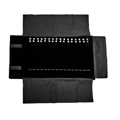 Travel Necklace Organizer, Portable Velvet Jewelry Case,16 Slots | Removable Snap, Foldable, Chains Bracelets Storage Jewelry Roll Bag, Space-Saving,Gift for Women Girls BFF,Black with elastic