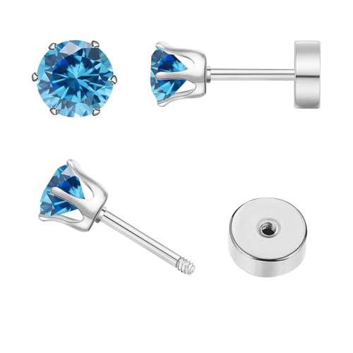 Birthstone Stud Earrings | Hypoallergenic, Brilliant Cut Round Cubic Zirconia, Flat Back, Surgical Steel, For Sensitive Ears - style: Mar Aquamarine
