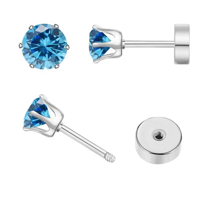 Birthstone Stud Earrings | Hypoallergenic, Brilliant Cut Round Cubic Zirconia, Flat Back, Surgical Steel, For Sensitive Ears - style: Mar Aquamarine