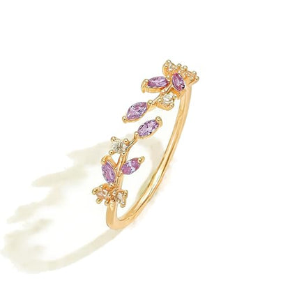 Gold Rings Non Tarnish Silver Adjustable Rings for Women Cubic Zirconia Leaf Ring Dainty Silver Stackable Ring for Women - style: purple