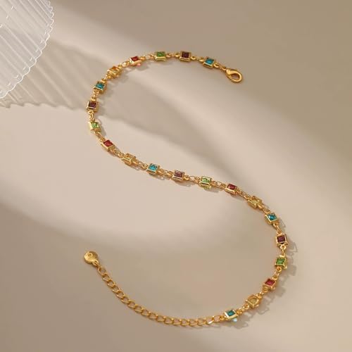 Ankle Bracelets for Women 18K Gold Plated Anklet for Women Gold Charm Anklet Waterproof Summer Beach Foot Chain Jewelry Gifts - style: square colorful cubic zirconia