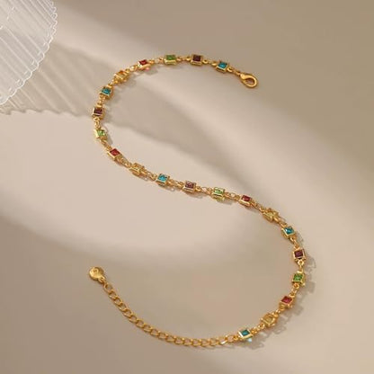 Ankle Bracelets for Women 18K Gold Plated Anklet for Women Gold Charm Anklet Waterproof Summer Beach Foot Chain Jewelry Gifts - style: square colorful cubic zirconia