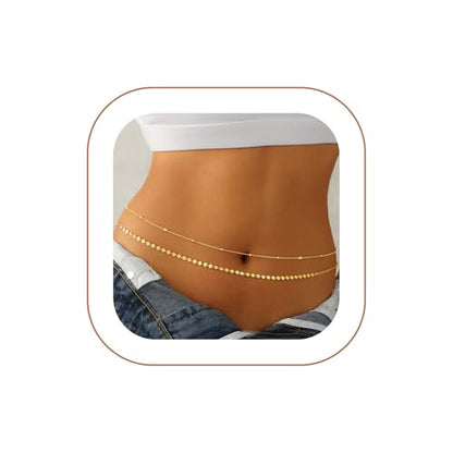 14K Gold Plated Waist Chain for Women Dainty 2Pcs Layered Belly Chain Beaded Pearl Body Chain Belt Set Waterproof Summer Beach Bikini Jewelry Accessories Adjustable Waist Beads Gift - style: 2Pcs Bead&Disc-GD