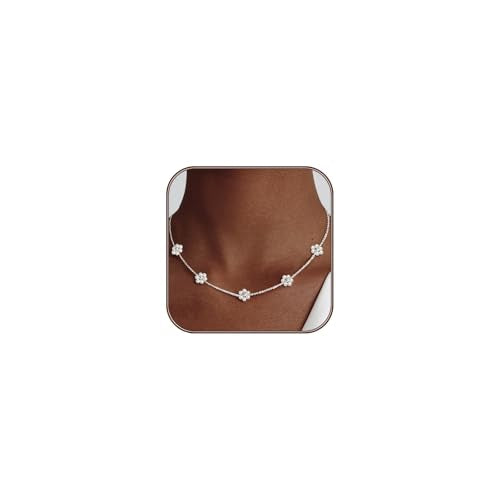 OGD Gold Pearl Necklace Set for Women 14K Plated Layered Daisy Choker Gift - color: Daisy Pearl-Silver