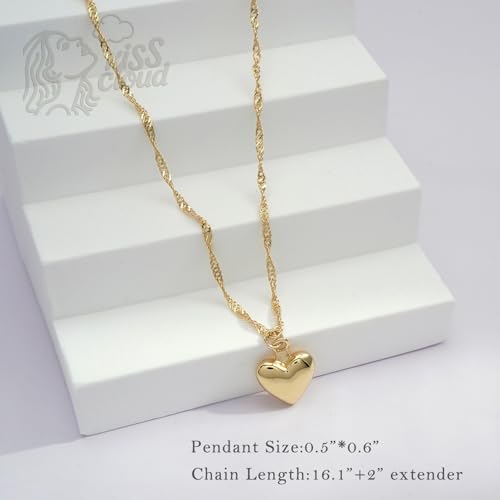 Gold Silver Necklace for Women, Dainty Cubic Zirconia Pendant | Teardrop CZ Charm, 14K Gold/Sterling Silver Plated, Adjustable Chain, Hypoallergenic & Waterproof Jewelry, Cute Trendy Gift - color: Gold-Puffy heart/wave chain