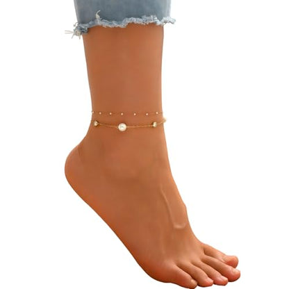 NONAMOIS 18K Gold Plated Diamond Ankle Bracelets for Women Waterproof Gold CZ Pearl Bow Link Chain Anklets Non Tarnish Summer Beach Foot Jewelry Gifts - color: Layered CZ &Pearl-Gold