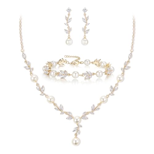 EVER FAITH Cubic Zirconia Pearl Leaf Bridal Jewelry Set for Bride Women - color: Marquise_Gold-Plated-Brass