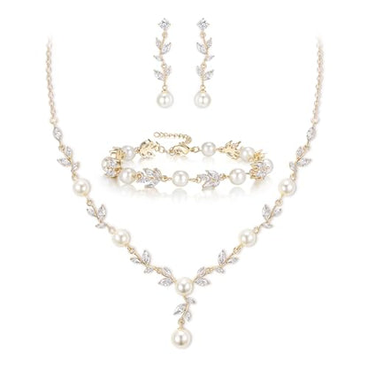 EVER FAITH Cubic Zirconia Pearl Leaf Bridal Jewelry Set for Bride Women | White Wedding Prom Necklace Dangle Earrings Bracelet, for Bridesmaid - color: Marquise_Gold-Plated-Brass