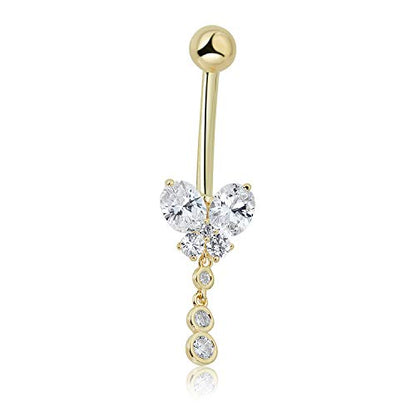 AVORA 10K Gold Simulated Diamond CZ Dangling Butterfly Belly Button Ring Body Jewelry (14 Gauge) - color: Yellow Gold