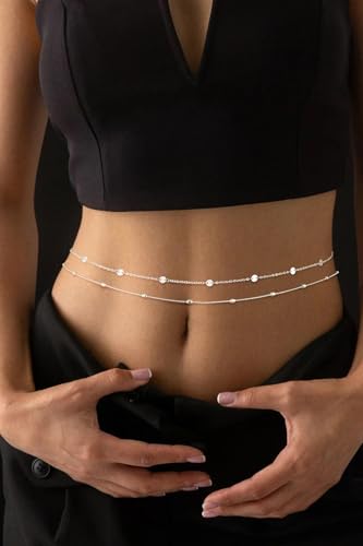 Gold Waist Chain for Women Dainty 14K Gold Plated Layered Belly Chain Adjustable Bikini Belly Beads for the Waist Waterproof Beach Accessories Body Chain Jewelry for Gifts - style: BY0002