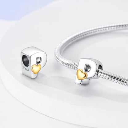 925 Sterling Silver Letter Charms A-Z for Bracelet Necklace Alphabet Bead | Heart letter A B C D G J charm initial gold Pendant beads Jewelry Gift for Women - color: Letter P