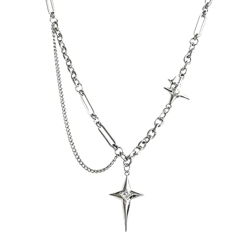 Gothic Cross Star Necklace For Men Women Silver Stainless Steel Cuban Link Paperclip Figaro Bead Chain Punk Kpop Y2k Goth Irregular Layered Cross Pendant Necklace Non Tarnish Jewelry Gift - color: Silver G