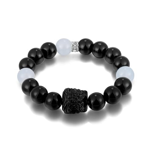 Black Obsidian Beaded Bracelet with Pixiu Charm for women men | Natural Stone with Sapphire Beaded, Good Luck, Wealth, Feng Shui,Matching bracelets for couples,Friendship bracelets - color: Black