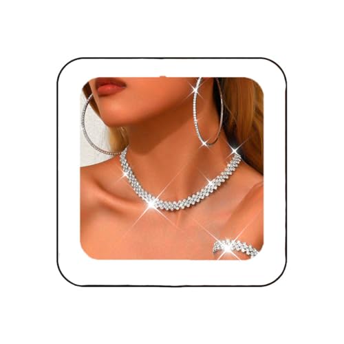 Black Jewelry Sets Rhinestone Necklace Hoop Earrings Bracelet Set Prom Formal Sparkly Costume Jewelry Sets for Women - color: Silver