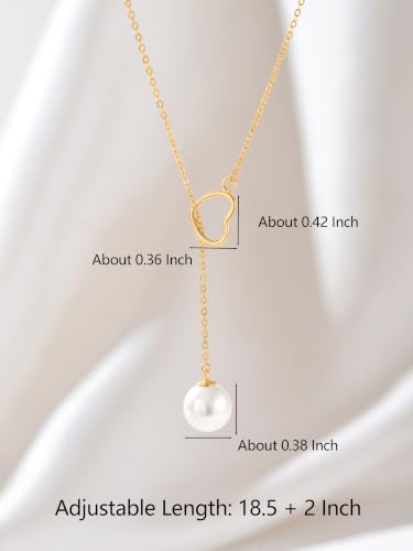 Heart Pearl Y Drop Lariat Long Necklace for Women | 925 Sterling Silver 14K Gold Plated Prom Wedding Bridal Necklace Cute Dainty Layered Dangle Necklace Summer Jewelry - color: Gold