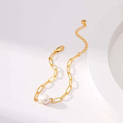 Dainty Gold Bracelets for Women, 18 Gold Plated Adjustable Evil Eye/Butterfly/Beaded/Pearl/Heart/Turquoise Handmade Bracelet for Women - style: Pearl and Paperclip