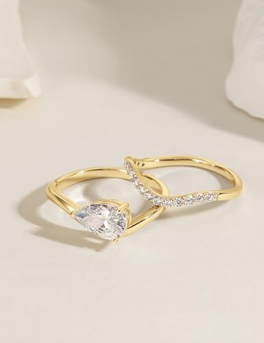 EAMTI 1.5CT Bridal Ring Sets Pear Cut CZ Promise Engagement Rings Curved Wedding Bands for Women Travel Ring Size 4-10 - color: Gold