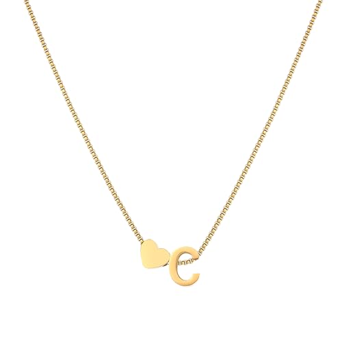 18K Real Gold Plated Heart Initial Necklace for Women-Personalized A-Z Letter Pendant on Durable Stainless Steel Box Chain (16+2.5 inch Adjustable) Hypoallergenic Everyday Jewelry Gift Boxed for Mom Wife - style: Gold:C