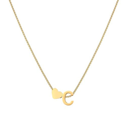 18K Real Gold Plated Heart Initial Necklace for Women-Personalized A-Z Letter Pendant on Durable Stainless Steel Box Chain (16+2.5 inch Adjustable) Hypoallergenic Everyday Jewelry Gift Boxed for Mom Wife - style: Gold:C