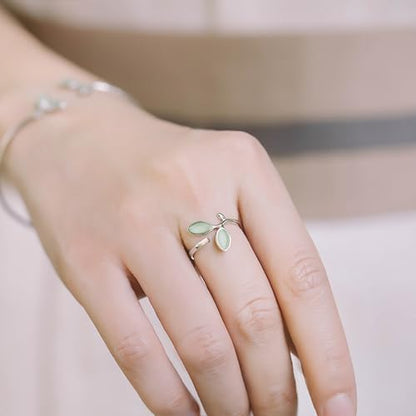Adjustable Leaf Stackable Rings for Women Cubic Zirconia Stones Blue Leaves Purple Flower Open Band Stacking Finger Sliver Rings Fashion Plant Floral Aesthetic CZ Jewelry - color: stone leaf