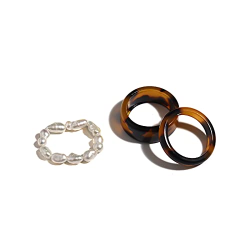 COLORFUL BLING 3Pcs/Set Fashion Acrylic Aottled Tortoise Leopard Textured Stacking Rings Vintage Resin Pearls Knuckle Rings for Women Punk Cool Jewelry - color: dark