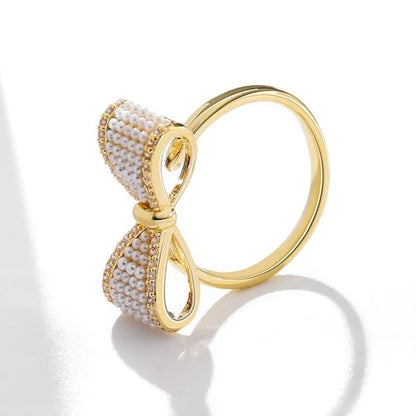 Pearl CZ Bow Statement Open Finger Ring for Women - Gold Plated Dainty Crystal Bowknot Adjustable Rings Wedding Engagement Promise Bands Elegant Jewelry Birthday