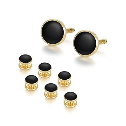 wynameleri Mens Cufflinks and Studs Set Blanks Round 4 Colors Shirt Tuxedo Buttons Packed in Cufflink Box for Business Wedding Jewelry - color: Gold Black