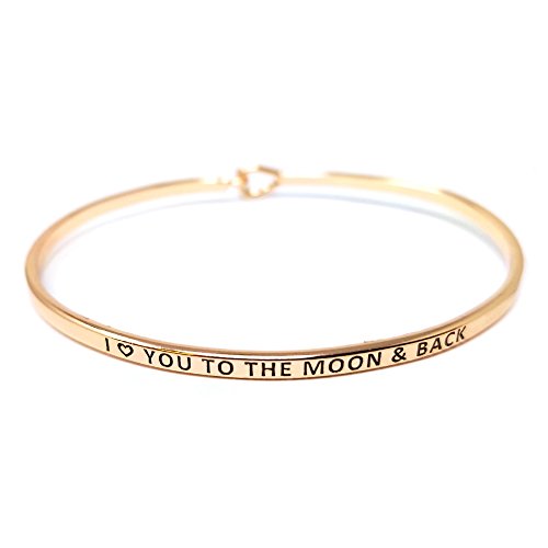 by you Inspirational Positive Message Engraved Thin Cuff Bangle Hook Bracelet - color: I Love You to The Moon & Back-Rosegold