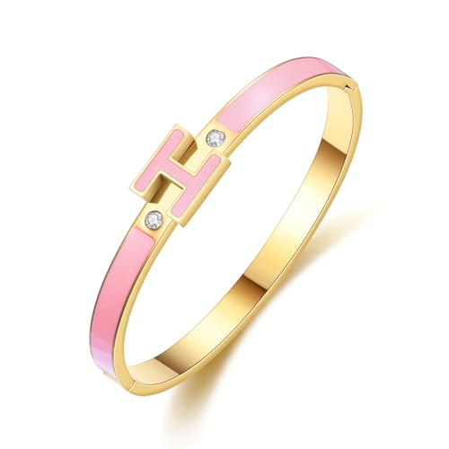 Gold Bracelets for Women, H Bangle Bracelet, Dainty 18K Gold Plated Stainless Steel Enamel Bracelet for Everyday, Work, Party, Stackable Gift for Mom, Wife, Girlfriend - color: Pink